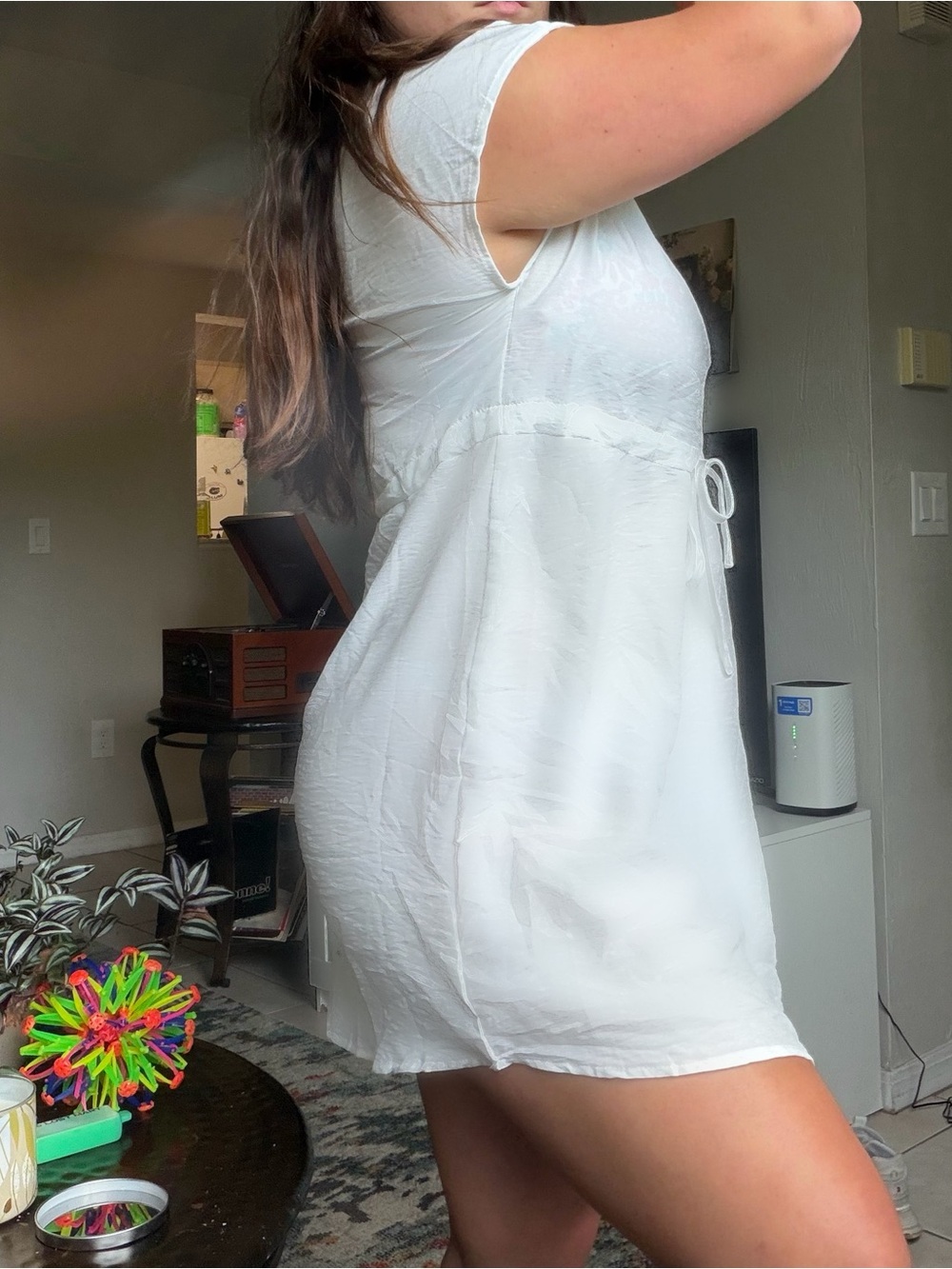 White Short Sleeve Tie-Waist Mini Beach Coverup - Picture 2 of 6